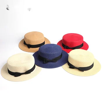 2019 Ebeveyn-çocuk toptan güneş düz hasır şapka hasır şapka fiyonk yazlık şapkalar Kadınlar İçin çocuk ve Plaj düz panama hasır şapka