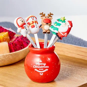5 adet Noel Tatlı Meyve Çatal Tutucu ile Yeniden Kullanılabilir Paslanmaz Karikatür Kek Öğle Yemeği Salata Gıda Çatal Yemek Takımı Noel Dekor