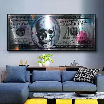 Dolar Kafatası Modern Sanat Tuval Poster Ve Baskılar Yaratıcı Para Liviung Odası Için 100 Dolar Resim Duvar Dekor Boyama