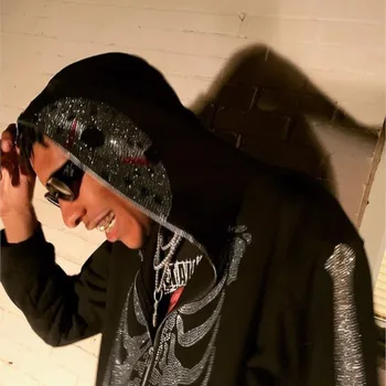Grunge Tam Zip Hoodie Taklidi Kafatası Kazak Büyük Boy Ceket Elmas Zip up Hırka Gotik pardösü Hip Hop Y2K Giysileri