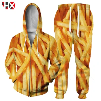HX Sonbahar Trendi Gıda Sokak Hoodies Kazak Seti 3D Baskılı Patates Kızartması Hip Hop Unisex Rahat Harajuku Tarzı Seti HX465