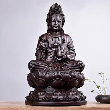 Katı ahşap oyma Lotus Guanyin heykeli, Aspir armut, Siyah sandal ağacı Ahşap buda heykeli Ev Feng Shui Dekorasyon 13-20cm