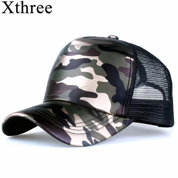 Xthree 5 Paneller Yaz beyzbol şapkası file şapka Suni Deri Kamuflaj Snapback Şapka Erkekler Hip Hop Kasketler Şapkalar Kadınlar için Kemik