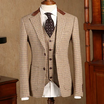 Yeni Haki Balıksırtı Takım Elbise Resmi Yün Karışımı Tüvit Vintage Smokin erkek İki Düğme Çentik Yaka Takım Elbise