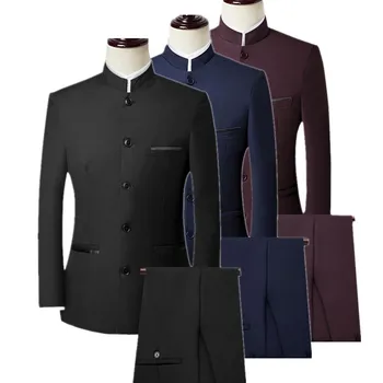 Çin Retro Takım Elbise 2 Parça Set Erkekler için (Blazer+Pantolon) moda İnce Erkek Takım Elbise Büyük Boy S-5XL Beyaz Kırmızı Mavi Siyah